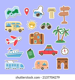 Travel and summer holidays sticker collection. Hand-drawn isolated elements with a white border. Vector illustration.