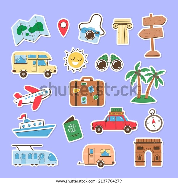 Travel\
and summer holidays sticker collection. Hand-drawn isolated\
elements with a white border. Vector\
illustration.