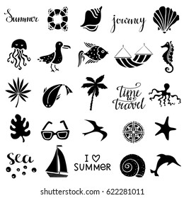 Travel summer icons, logos. Lifebuoy, sea shell, octopus, bird, fish, hammock, sea horse, leaf, palm tree, jellyfish, sun glasses, compass, starfish, ship, dolphin hand drawn isolated. Handwritten