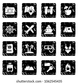 Travel summer icons set vector grunge isolated on white background 