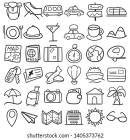 Travel Summer Icons. Traditional Doodle Drawn Sketch. Hand Made Design Vector.  