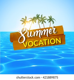 Travel summer island vocation. Island Beach with palms, blue water and sky. Summer vocation vector illustration