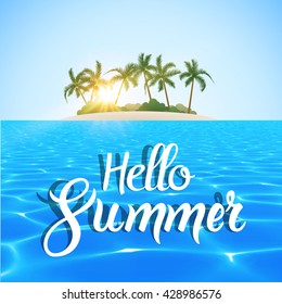 Travel summer island vocation. Island Beach with palms, blue water and sky. Summer vocation vector illustration