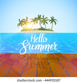 Travel summer island vocation. Island Beach with palms, blue water and sky. Summer vocation vector wooden floor illustration