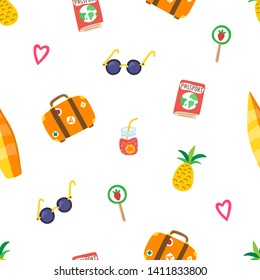 Travel summer pattern with hand drawn pineapple, sunglasses, suitcase, pink hearts, passport, cocktail, lollipop, surfboard. Modern template for print, banner, card. Vector illustration.