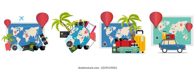 Travel Summer poster or banner set. Vector tourism and tourist. Flight or car journey and trip illustration vacation holiday