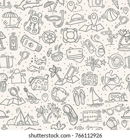 Travel and summer seamless pattern, journey and trip background. Adventure time pattern in hand draw style, vector sketch elements on repeatable pattern