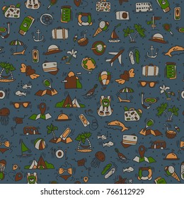 Travel and summer seamless pattern, journey and trip background. Adventure time pattern in hand draw style, vector sketch elements on repeatable pattern