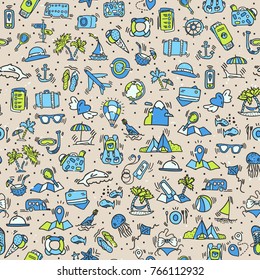 Travel and summer seamless pattern, journey and trip background. Adventure time pattern in hand draw style, vector sketch elements on repeatable pattern