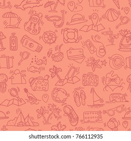 Travel and summer seamless pattern, journey and trip background. Adventure time pattern in hand draw style, vector sketch elements on repeatable pattern