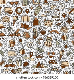 Travel and summer seamless pattern, journey and trip background. Adventure time pattern in hand draw style, vector sketch elements on repeatable pattern