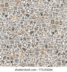 Travel and summer seamless pattern, journey and trip background. Adventure time pattern in hand draw style, vector sketch elements on repeatable pattern