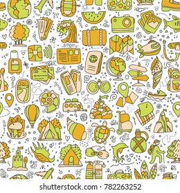 Travel and summer seamless pattern, journey and trip background. Adventure time pattern in hand draw style, vector sketch elements on repeatable pattern