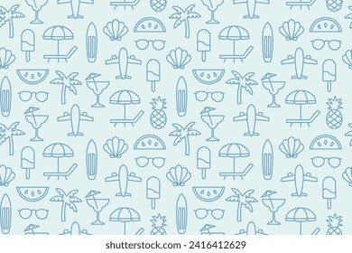 viajes, verano sin costura con palmera, gafas de sol, helado, cóctel, silla con paraguas, sandía, piña, iconos de avión- ilustración vectorial