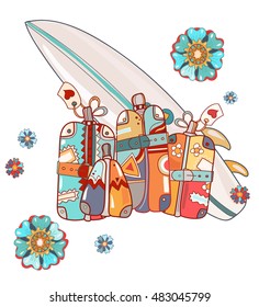 Travel summer suitcases, vector hand drawn illustration.