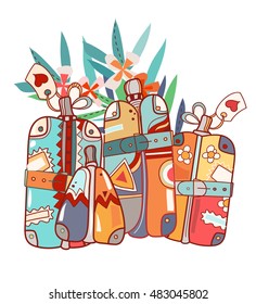 Travel summer suitcases, vector hand drawn illustration.Tropical travel summer set.