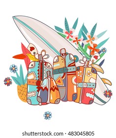 Travel summer suitcases, vector hand drawn illustration.Tropical travel summer set.
