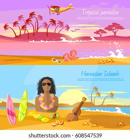 Travel in summer. Tropical beach banner, paradise island for rest. Travel to Hawaii, Tahiti. Surfer on beautiful beach. Perfect tropical paradise 
