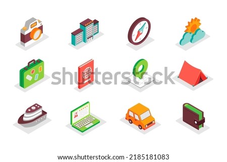 Travel and summer vacation concept 3d isometric icons set. Bundle elements of camera, hotel, compass, trip, suitcase, passport, map, camping and other. Vector illustration in modern isometry design