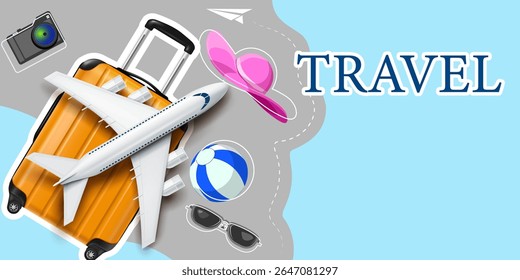 travel and summer vacation funny trip concept background,banner and advertising design top view vector illustration.airplane,luggage and other traveling objects decorative backdrop.
