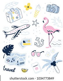 
Travel and summer vacation patch or stickers set. Vector illustration isolated on white background.
