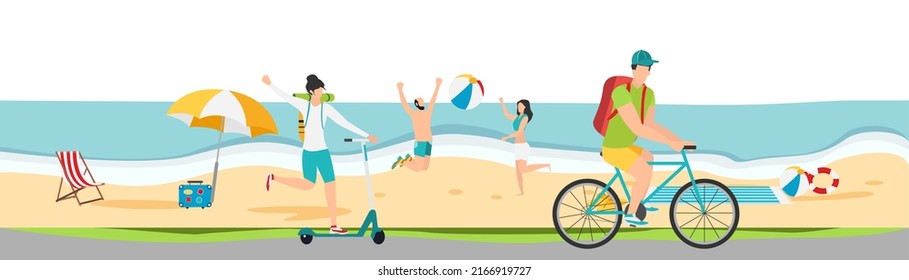 Travel. Summer vacation at sea. Family travel. Vacation with friends. Vector illustration.