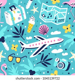 Travel and summer vacation seamless pattern. Vector flat cartoon style illustration isolated on white background.