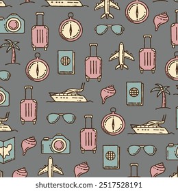 Viagens e férias de verão padrão sem costura. Ilustração vetorial isolada sobre fundo branco.