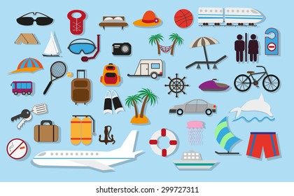 Travel and summer vacation, tourism and journey flat vector icons