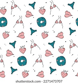 Travel summer woman seamless doodle pattern. Color hand drawn vector pattern, lips, inflatable circle, strawberry, bikini, swimsuit