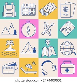 Travel supplies icons for summer journey, beach vacation, outdoor base camp. Road trip, camping, active tourism element collection. For poster, pattern, card, banner, trip provider, tour office.