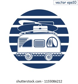 Travel surfing van flat round icon. Monochrome simple style vector illustration. Element for your designs, print, logo, poster, stamp, sticker, decoration.