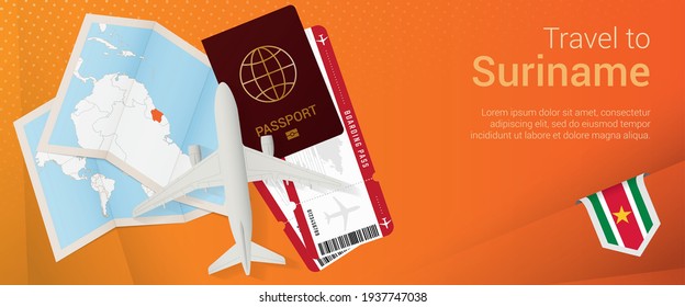 Travel to Suriname pop-under banner. Trip banner with passport, tickets, airplane, boarding pass, map and flag of Suriname. Vector template.