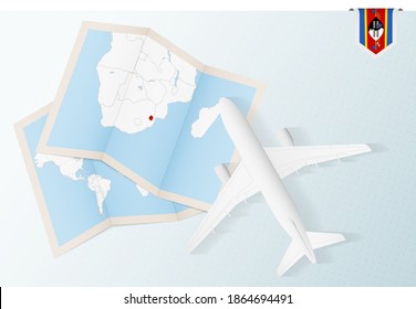 Travel to Swaziland, top view airplane with map and flag of Swaziland. Travel and tourism banner design.