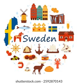 Travel to Sweden, culture elements and food, landmarks in round infographic banner with Sweden title. Historical buildings, viking ships wheel and jam, kottbullar in circle cartoon vector illustration