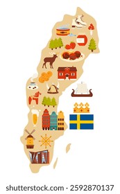 Travel to Sweden, stylized map with Swedish culture elements and food, landmarks. Traditional red house and modern architecture, spruce and pine forest, beer and coffee, windmill vector illustration