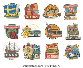 Travel to Sweden vector icons with traditional swedish landmarks. Retro labels with royal lion, ship museum, lingonberry and cloudberry, viking festival, nature reserves or dala horse isolated emblems