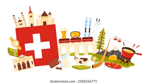 Travel to Switzerland, culture elements and landmarks, food and sweets in infographic collage. Swiss flag and wrist watches, Chillon Castle, mountain landscape and cow cartoon vector illustration