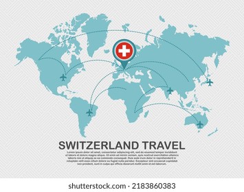 Travel to Switzerland poster with world map and flying plane route business background tourism destination concep