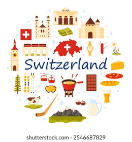 Travel to Switzerland in round banner design. Castle towers and train on bridge, chocolate and Swiss penknife, culture emblems and architecture, Alps mountains in circle cartoon vector illustration