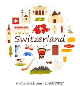 Travel to Switzerland in round banner design. Castle towers and train on bridge, chocolate and Swiss penknife, culture emblems and architecture, Alps mountains in circle cartoon vector illustration