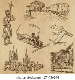 Travel : SWITZERLAND set no.3. Collection of hand drawn illustrations. Each drawing comprises two or three layers of outlines, the colored background is isolated.