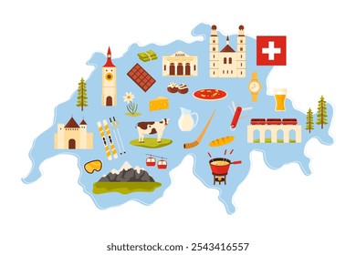 Travel to Switzerland set, stickers of historic architecture monuments and culture landmarks, dairy food and bread on infographic map. Train express and money of Swiss bank cartoon vector illustration