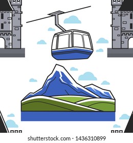 Travel to Switzerland Swiss landscape castle and funicular seamless pattern landmarks and sights vector mountains meadow and sea transport and ancient building endless texture traveling and tourism.