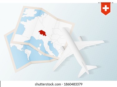 Travel to Switzerland, top view airplane with map and flag of Switzerland. Travel and tourism banner design.