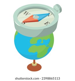 Travel symbol icon isometric vector. Globe of planet earth and big compass icon. Adventure, navigation, geography and travel concept