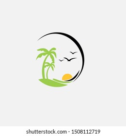 Travel symbol with Palm tree, sun and birds in circle form. Traveling logo design isolated on white background. beautifull symbol design in minimal style. Vector eps10