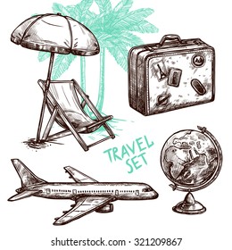 Travel symbol suitcase globe plane and sunbed under palm sketch decorative icon set isolated vector illustration