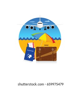 travel symbol with suitcase and passport illustration in colorful