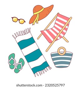 Travel symbols and attribute for relaxing on the beach in a flat style insulated on a white background. Sunbed, flippers, flip-flops, bag, glasses, hat.